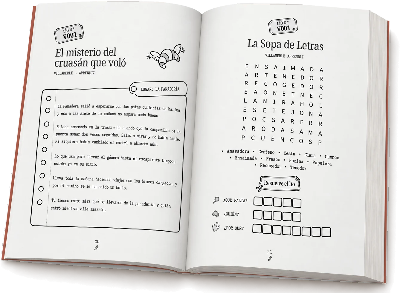 Libro abierto: informe El misterio del cruasán que voló a la izquierda y sopa de letras a la derecha